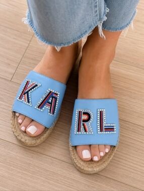 Karl Lagerfeld Paris Blue Logo Espadrille Slide Sandals Size 9.5 / EU 40.5 NIB